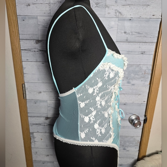 Vtg 70s Lace Trimmed Aqua Teal Nylon Lingerie Teddy Negligee Bodysuit - Picture 2 of 9